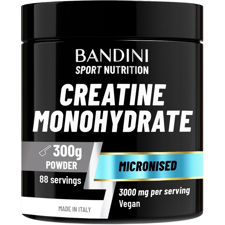 Kreatin-monohidrát por, Bandini, 300g, 88 adag, ízesítetlen, izomtömeg növeléséhez