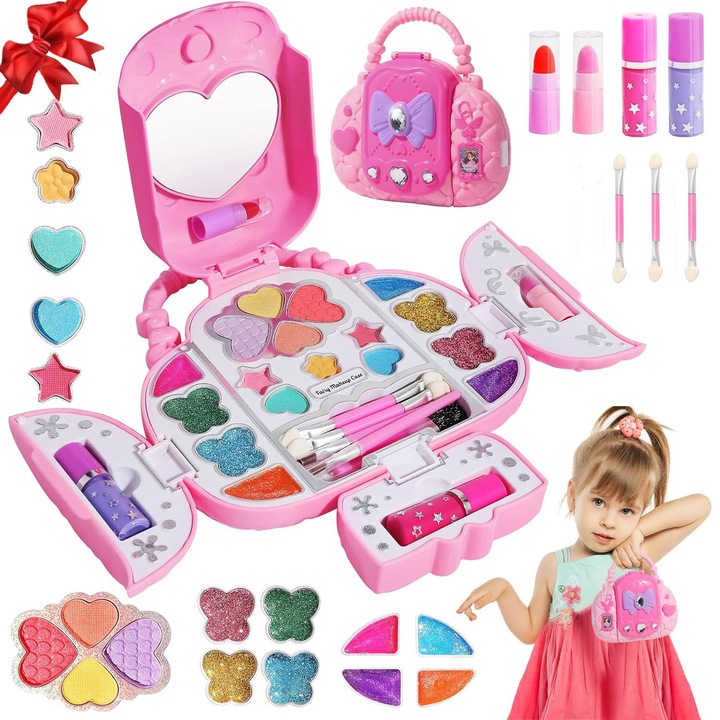 Set machiaj copii 23 in 1, Fain Mioritic, cu oglinda, lavabil, roz