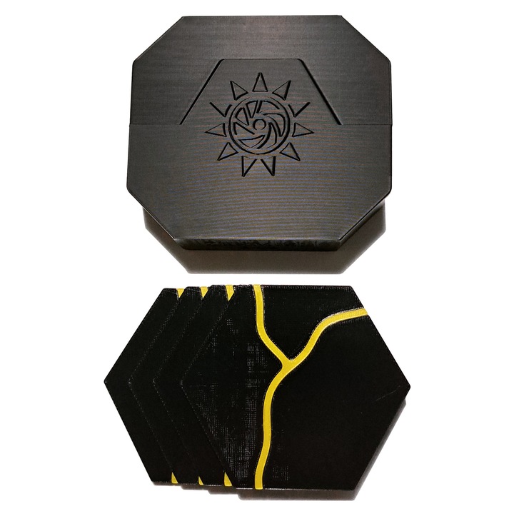 Suport pahar decorativ – Kintsugi Hex – Set 4 bucati cu cutie – Negru/Galben