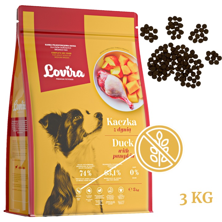 Hrana uscata pentru caini adulti, LOVIRA, Rata cu dovleac, 3kg, hipoalergenica, 100% naturala