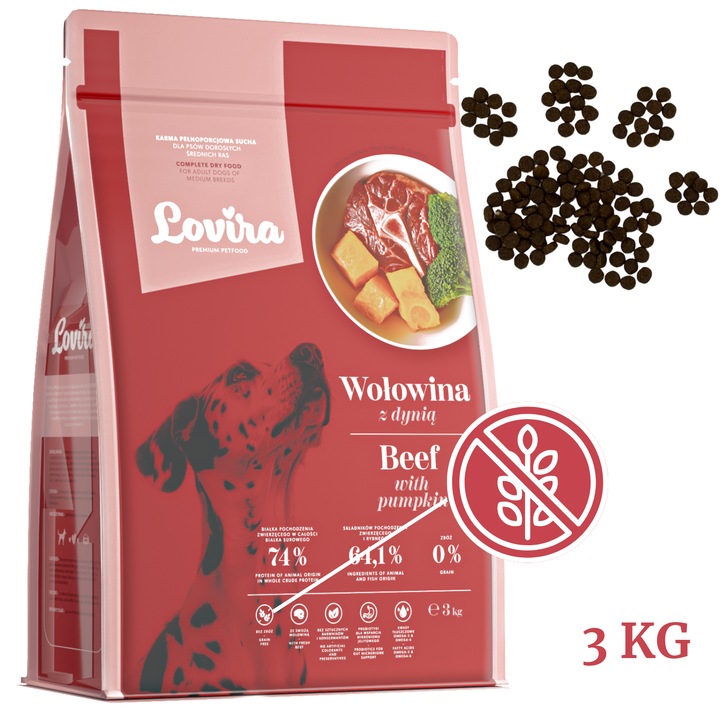 Hrana uscata pentru caini adulti, LOVIRA, vita cu dovleac, hipoalergenica, 3kg