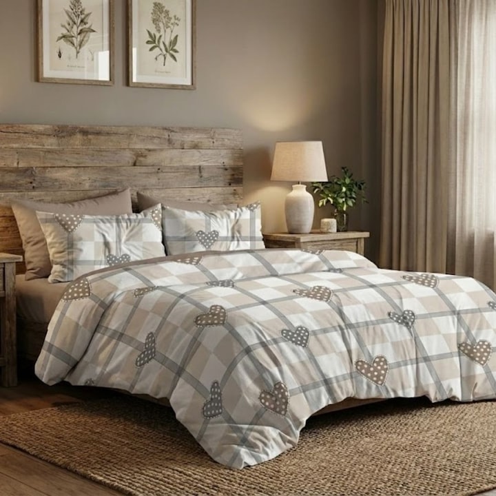 Lenjerie pat dublu din finet, cearceaf pat cu elastic 180x200 cm, 6 piese, Lenjerii Deosebite, Inimi bej