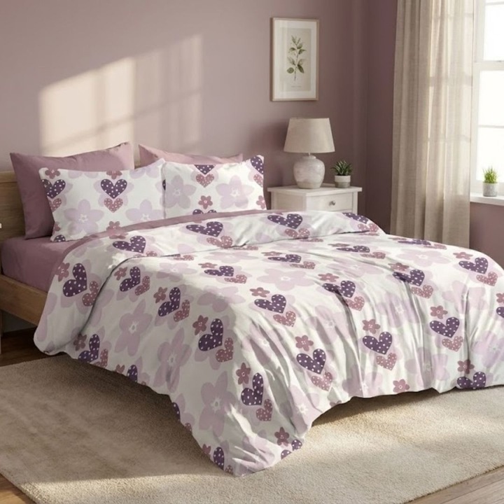 Lenjerie pat dublu din finet, cearceaf pat cu elastic 180x200 cm, 6 piese, Lenjerii Deosebite, Inimi mov