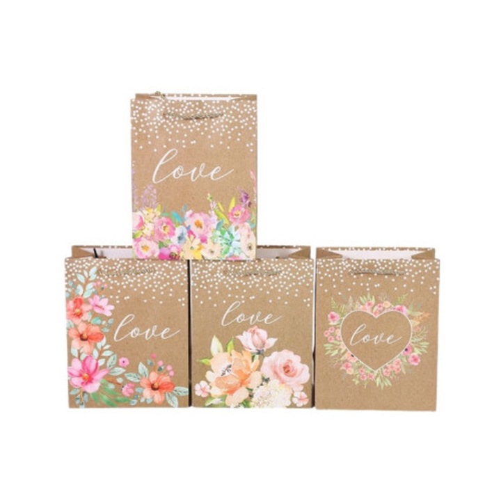 Комплект подаръчни торбички, флорален дизайн Love, първокласен картон, многоцветни, 4 броя, 26x32x10 см