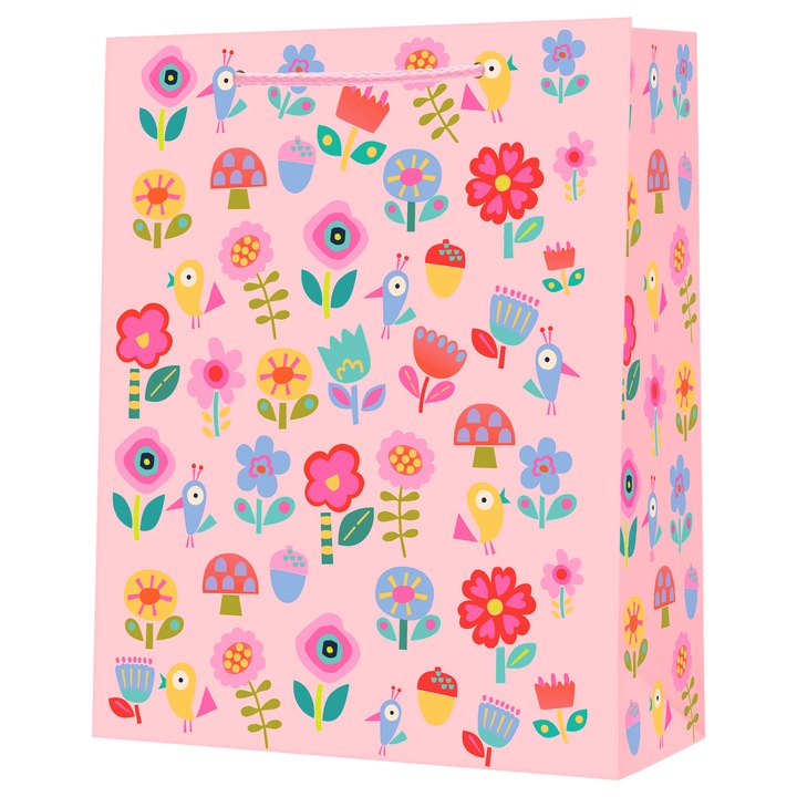 Pungă cadou, strigo, roz, 26x32x12, 5 cm, cu model, maner snur