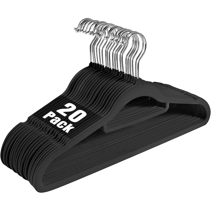 Set 20 Umerase haine cu catifea Bogadini, Premium, Antiderapante, Carlig rotativ 360°, Negre