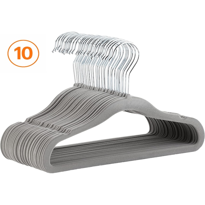 Umerase haine cu catifea Bogadini, Premium, Set 10 bucati, Antiderapante, Carlig rotativ 360°, Gri