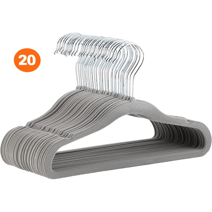 Umerase haine cu catifea Bogadini, Premium, Set 20 bucati, Antiderapante, Carlig rotativ 360°, Gri