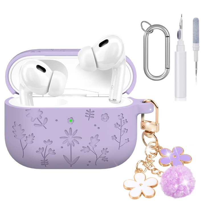Husă pentru AirPods Pro 3, violet, set cu breloc și kit de curățare, silicone moale, design floral