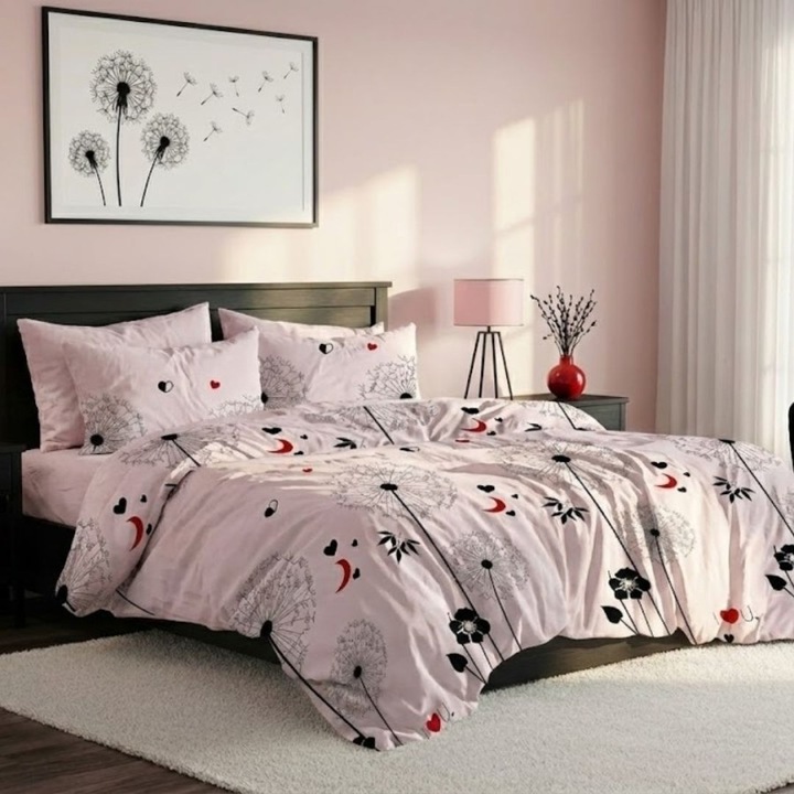 Lenjerie pat dublu din finet, cearceaf pat cu elastic 180x200 cm, 6 piese, Lenjerii Deosebite, Papadii