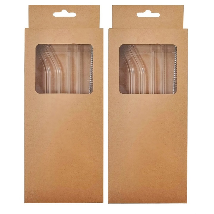 Set de 8 paie reutilizabile din sticla, transparente, 20cm, incluse 2 perii de curatare