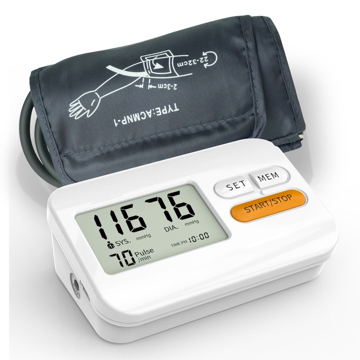 Апарат за измерване на кръвно налягане за горната част на ръката, автоматичен апарат за измерване на кръвно налягане, голям и ясен LCD екран, два модула за захранване, памет за 2×120 измервания, показване на дата/час