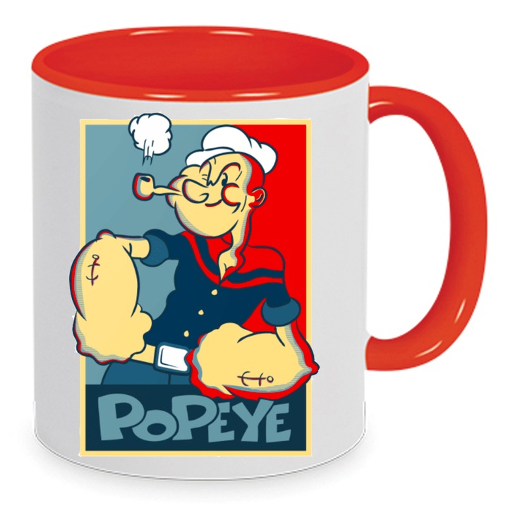 Cana ceramica Popeye 330ml - Alb si Rosu, design clasic, rezistent la masina de spalat, set de cani
