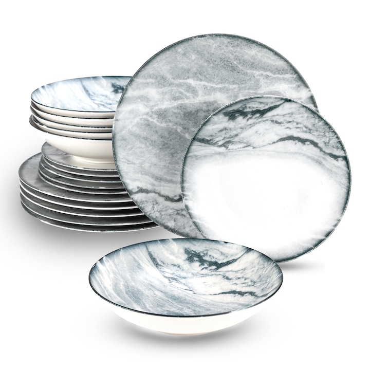 Set farfurii portelan LOTUS, 18 piese, design marmura gri, pentru 6 persoane