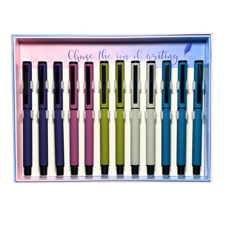 Set 12 stilouri metalice cu cerneala termosensibila si penita ascunsa 16334, Culori asortate