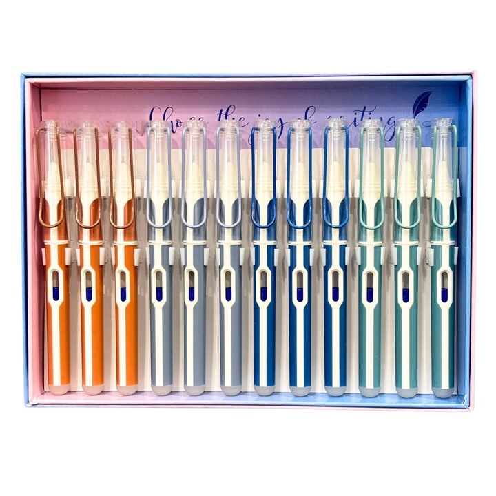 Set 12 stilouri din plastic cu cerneala termosensibila si penita ascunsa 16323, Culori asortate