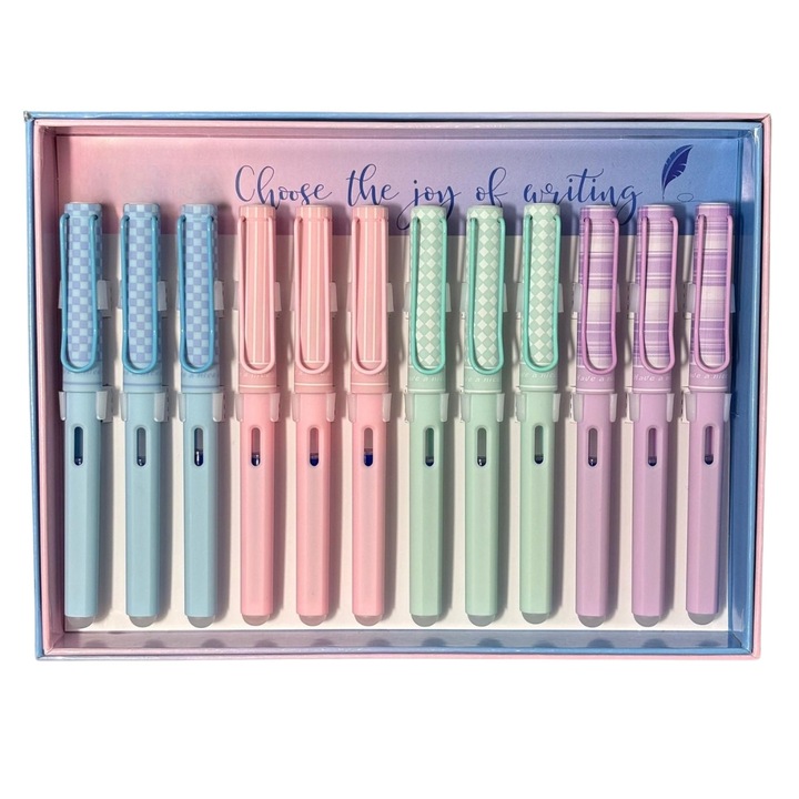 Set 12 stilouri din plastic cu cerneala termosensibila si penita ascunsa 16321, Culori asortate