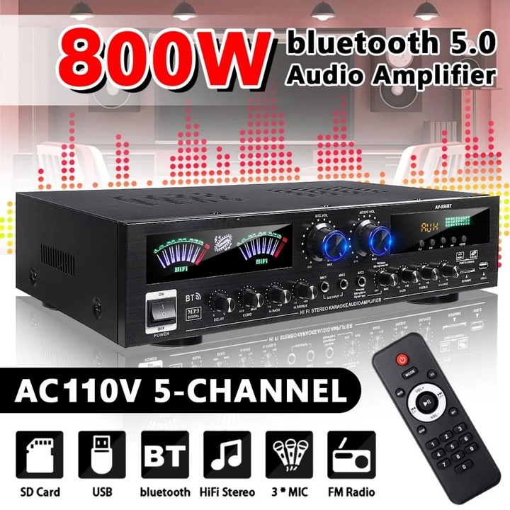 Amplificator de sunet, MOSMAOO®, Bluetooth5.0, Cu afisaj LED, 2x400 W + 400 W, Slot USB si card SD, Radio FM, Control Bass si Treble, Amplificator Home Karaoke cu Telecomanda, 43x24x10CM, Negru mat