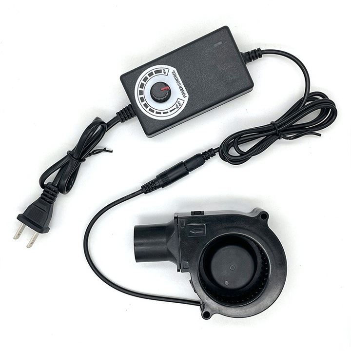 Suflanta aer pentru gratar, OioTuyi, 97mm, Viteza reglabila, Alimentare 100-240V la 12V, Pentru aprindere foc si carbuni, Negru