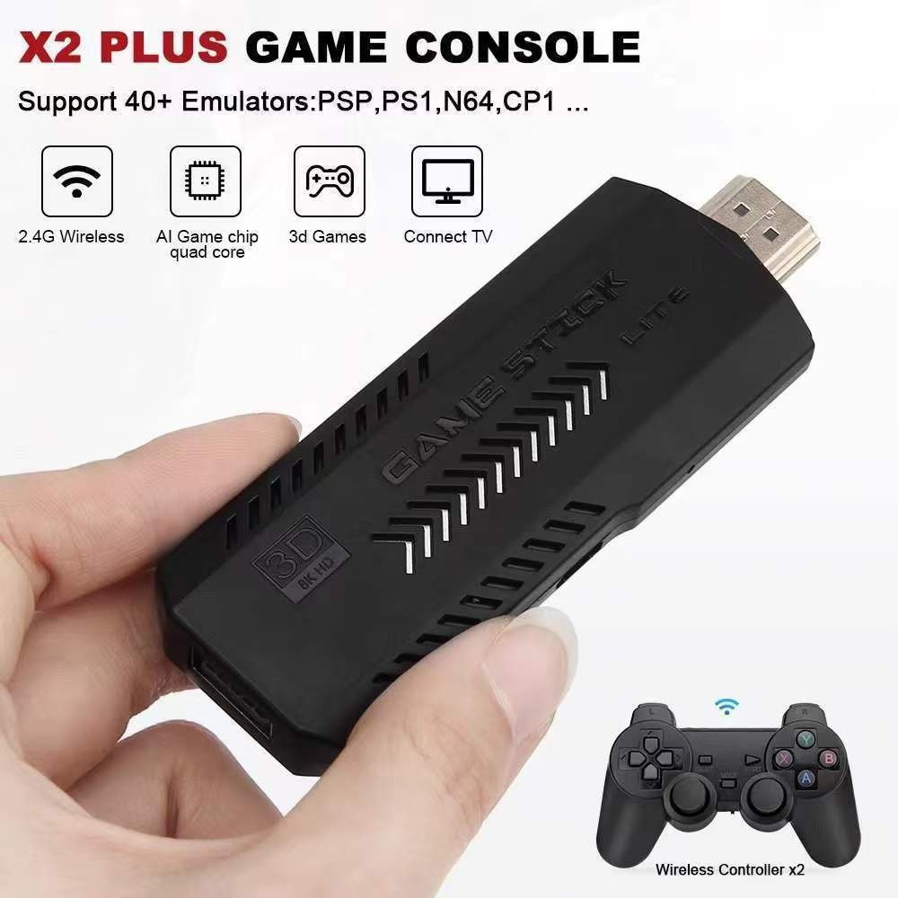 Consola Jocuri Video cu Stick Gaming, X2, 4K HD, Pentru TV, Wireless, USB 2.4 GHZ, 41000 jocuri, 64GB, Compatibil cu toate Dispozitivele, 2 Controlere si Cablu HDMI incluse, Negru