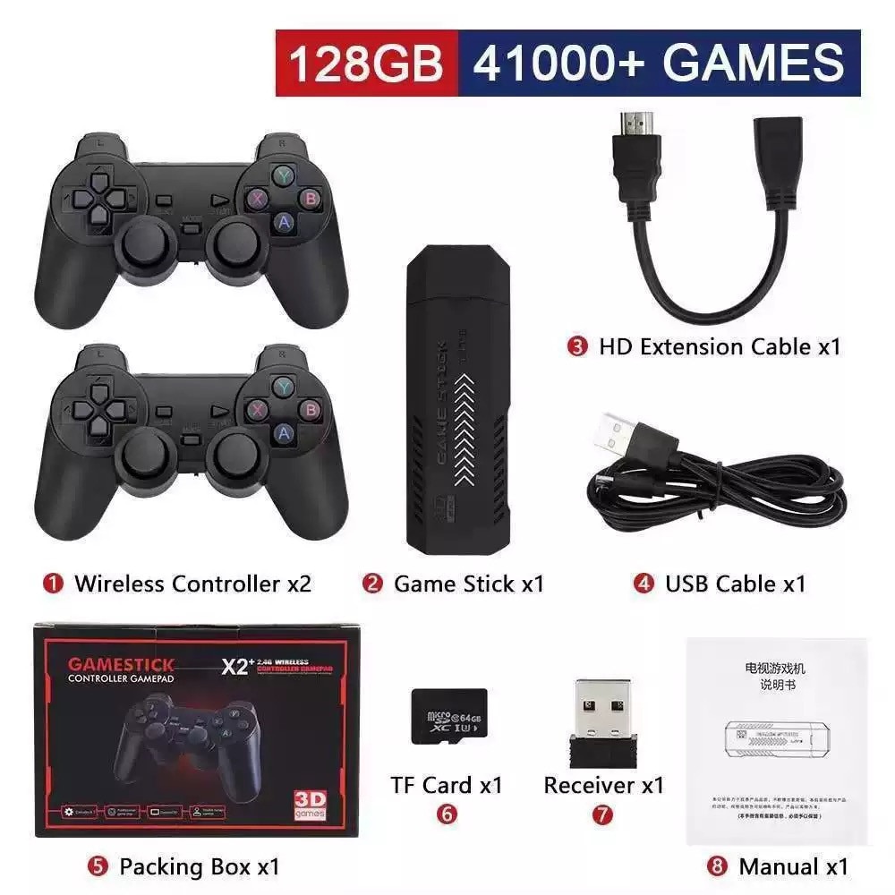 Consola Jocuri Video cu Stick Gaming, X2, 4K HD, Pentru TV, Wireless, USB 2.4 GHZ, 41000 jocuri, 64GB, Compatibil cu toate Dispozitivele, 2 Controlere si Cablu HDMI incluse, Negru