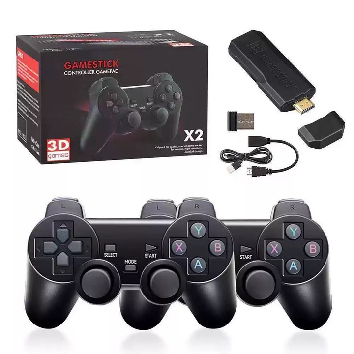 Consola Jocuri Video cu Stick Gaming, X2, 4K HD, Pentru TV, Wireless, USB 2.4 GHZ, 41000 jocuri, 64GB, Compatibil cu toate Dispozitivele, 2 Controlere si Cablu HDMI incluse, Negru
