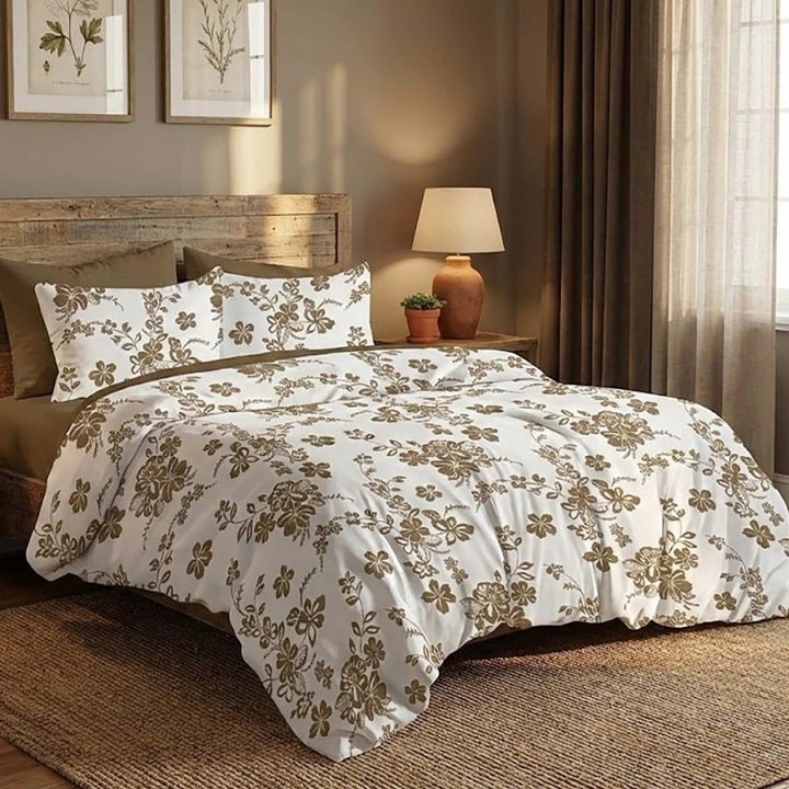 Finet dupla ágynemű, gumis lepedő 180x200 cm, 6 részes, Különleges ágyneműk, Bézs virágok