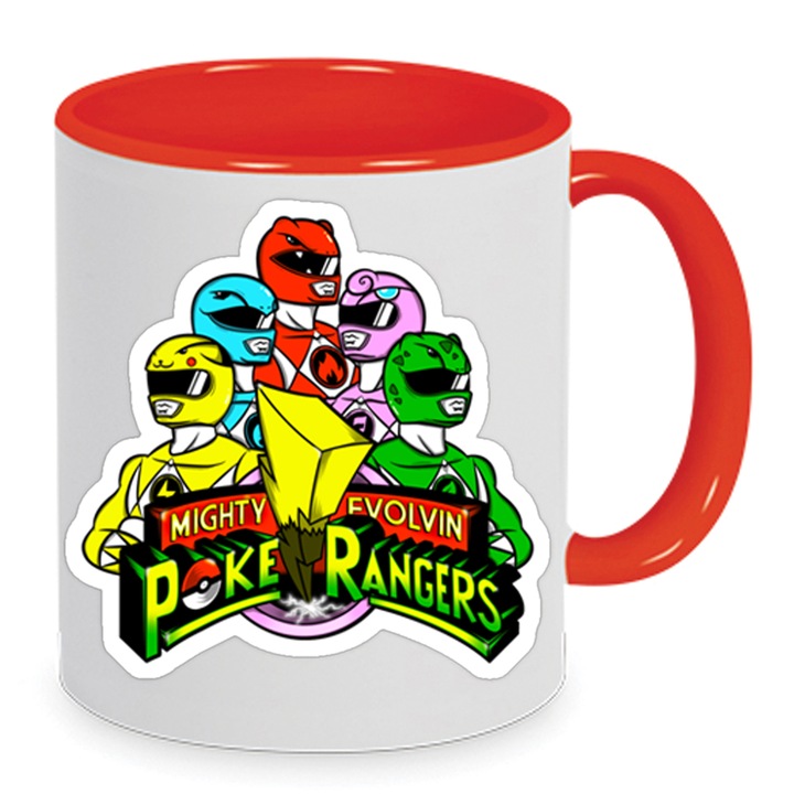 Cana ceramica Power Rangers 330ml - Editia Alba si Rosie, design No8, rezistenta la masina de spalat, capacitate 330ml