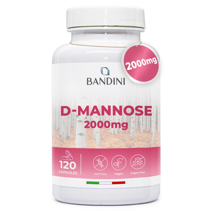 Bandini D-Mannose 2000 mg Supliment alimentar, 120 capsule, vegan, fara OMG, pentru sanatatea tractului urinar
