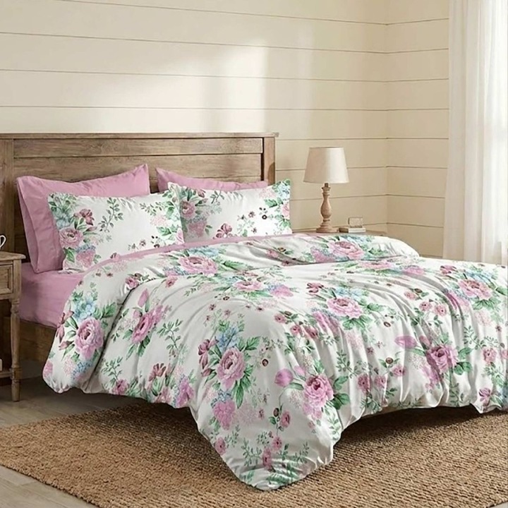 Dupla finet ágynemű, 180x200 cm gumis lepedő, 6 részes, Különleges ágyneműk, Rózsaszín/kék virágok