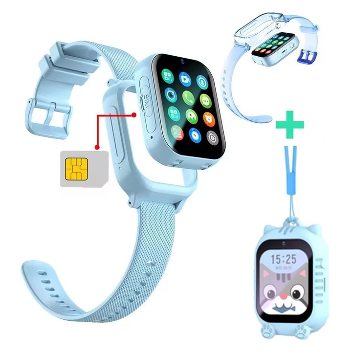 Детски Смарт часовник, 4G, GPS, HD Видео разговор, SOS бутон, Шпионски мониторинг, SIM слот, GPS + LBS проследяване в реално време, 1.83" тъчскрийн дисплей, Водоустойчив IP67, Резервна каишка - Син