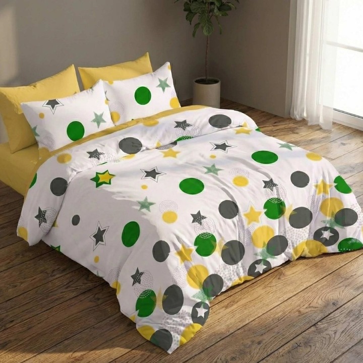 Lenjerie pat dublu din finet, cearceaf pat cu elastic 180x200 cm, 6 piese, Lenjerii Deosebite, Cercuri si stelute