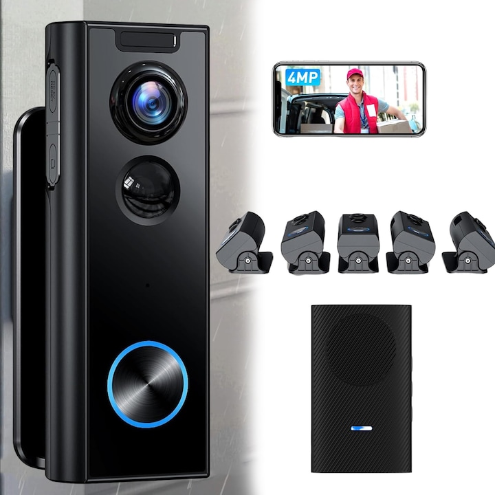 Sonerie Fara fir, Bedee®, 3MP, 2K(2304×1296), 1/3' cmos, F1.2, IP66, Obiectiv cu unghi larg de 120°, cu raft multi-unghi, stocare in cloud si suport pentru card SD, Comunicare vocala bidirectionala, compatibila cu Alexa, pentru exterior, Negru