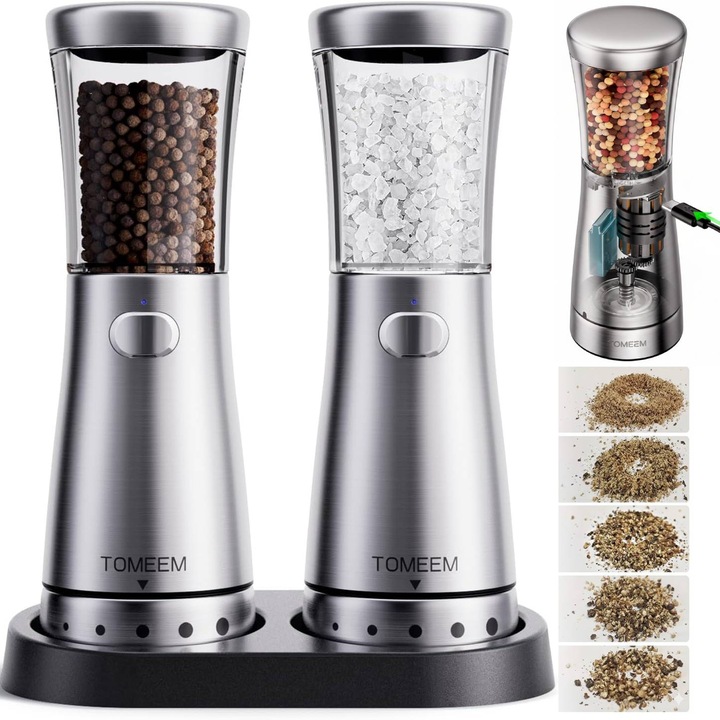 Set 2 Rasnite Electrice Automate TOMEEN®, metalice, reincarcabile prin USB, cu indicator LED, granulatie reglabila, utilizare cu o singura mana, ideale pentru bucatarie si gratar, cu incarcator si perie de curatare, 2 bucati
