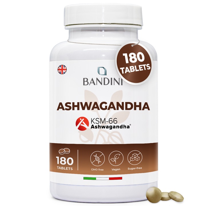 Étrend-kiegészítő Ashwagandha, BANDINI, 180 tabletta, 1500 mg, vegán, GMO-mentes