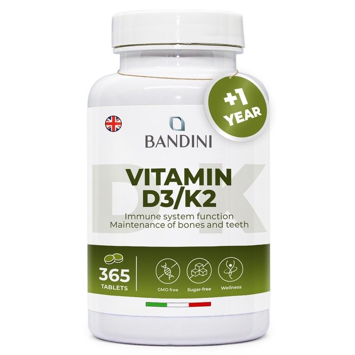 Vitamine D3 + K2, Bandini, 365 tablete, 2000 IU Vitamina D3, 200 mcg Vitamina K2 MK-7, pentru oase, din Italia
