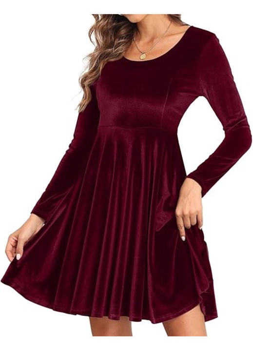 Rochie eleganta din catifea pentru femei deasupra la genunchi, maneci lungi, Visinie, Visiniu