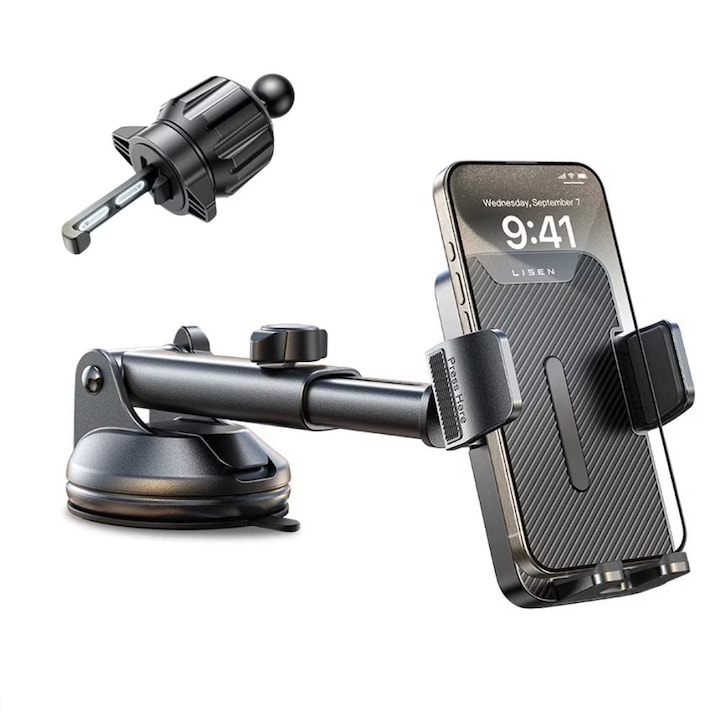 Autós telefontartó, Lisen YL0424040008, 360°-os forgatás, Szellőzőrácsra, műszerfalra, szélvédőre szerelhető, Erős rögzítés, Fekete
