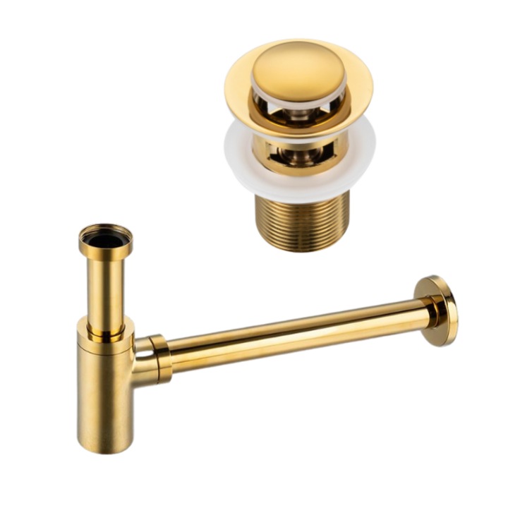 Set sifon lavoar rotund si ventil Klik-Klak B, Balneo, Auriu, Cu preplin, Alama masiva, Estetica deosebita, Garnituri silicon durabile, Rezistent la decolorare, Stil modern de lux, Fiabil