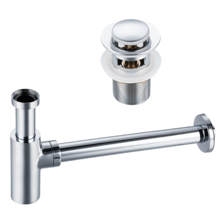 Set sifon lavoar rotund si ventil Klik-Klak B, Balneo, Crom, Cu preplin, Alama anticoroziva, Deschidere push-open, Protectie inundatie, Stil universal, Instalare rapida, Confort sporit