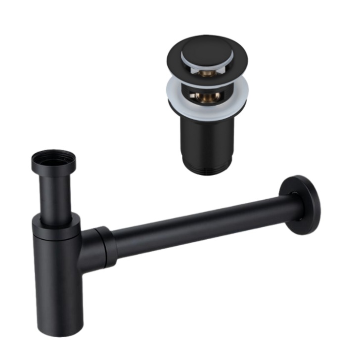 Set sifon lavoar rotund si ventil Klik-Klak E, Balneo, Negru platerat, Cu preplin, Alama rezistenta, Protectie baie, Design minimalist, Culoare durabila, Curatare facila, Stil modern, Robust