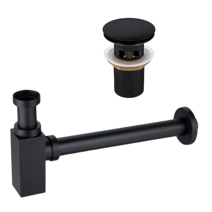 Set sifon lavoar patrat si ventil Klik-Klak A, Balneo, Negru platerat, Cu preplin, Protectie sporita, Alama rezistenta, Culoare durabila, Design scandinav, Curatare facila, Stil modern