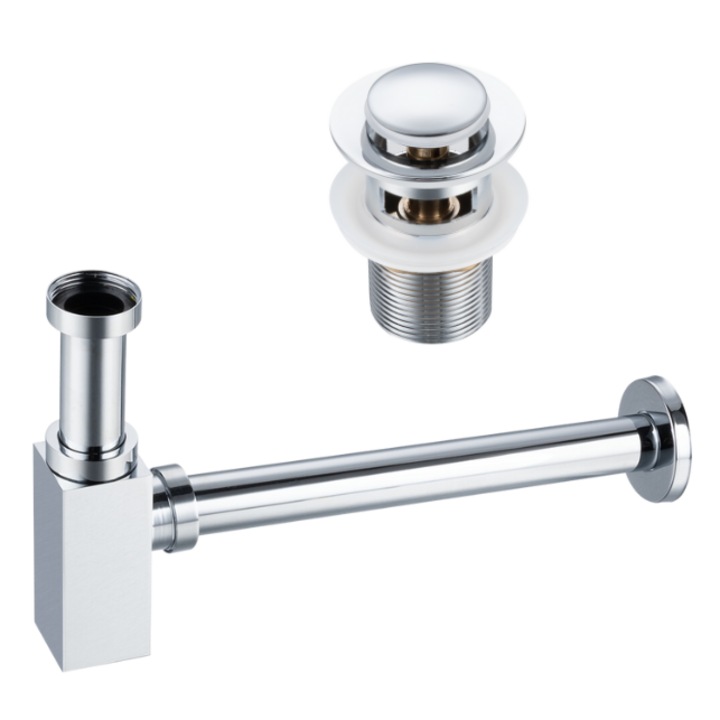 Set sifon lavoar patrat si ventil Klik-Klak B, Balneo, Crom, Cu preplin, Alama anticoroziva, Deschidere push-open, Protectie baie, Stil geometric, Garnituri silicon, Montaj versatil, Durabil