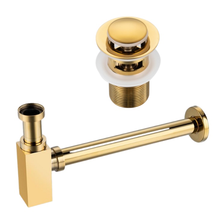 Set sifon lavoar patrat si ventil Klik-Klak B, Balneo, Auriu, Cu preplin, Alama masiva, Design geometric luxos, Rezistent la pete, Aspect sofisticat, Siguranta maxima, Fiabilitate, Alb