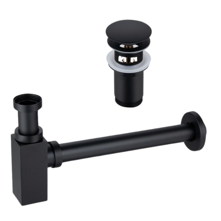 Set sifon lavoar patrat si ventil Klik-Klak C, Balneo, Negru platerat, Cu preplin, Protectie baie, Alama rezistenta, Culoare durabila, Design minimalist, Curatare facila, Stil modern, Rezistent