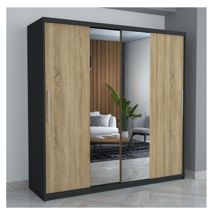 Dressing CELA, gri/sonoma, 200x60x200cm, cu rafturi, uși glisante, cu oglindă