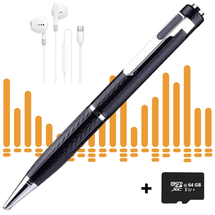 Pix Spion cu Reportofon Integrat, Revose™, Inregistrare Audio HD Discreta cu Activare Vocala, 400 Ore Stocare Interna, Autonomie Mare, Functie USB pentru Transfer Rapid, Ideal pentru Sedinte, Interviuri, Cursuri sau Birou, Negru, Card Micro SD 64GB Inclus