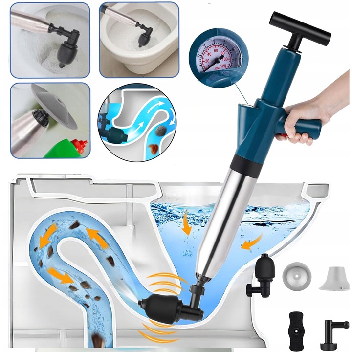 Pompa desfundat instalatii sanitare, Umflare rapida, 4 fitinguri, Cu manometru, Pompa Tornado pentru toaleta 4in1 Portabila, Usor de instalat, Pentru canalizare, chiuveta de bucatarie, cada, toaleta, ABS/Otel inoxidabil, 58*17cm, Albastru si Argintiu
