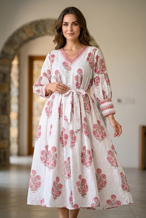 Rochie din bumbac imprimat manual, alb, marime L