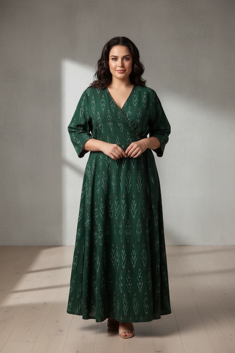 Rochie petrecuta din bumbac Ikat, verde, marime 4XL